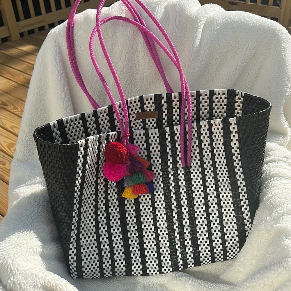 Anthropologie Black and White Tote Bag with Chevron Design